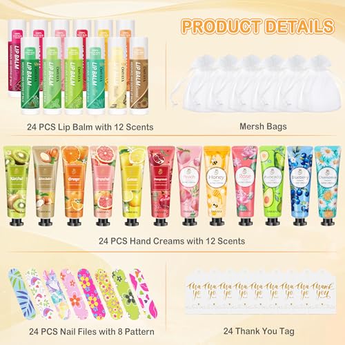 24 Sets Bulk Gifts For Women, Hand Cream Lotion, Lip Balm, Mini Nail Files Gifts Set with Organza Bags, Thank You Card, Baby Shower Bridal Wedding Favor for Guests, Christmas Gifts for Women