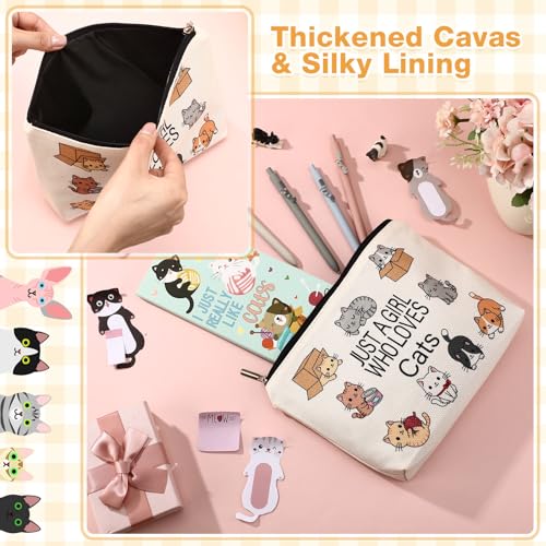 6 Pcs Cute Cat Stationery Set Pens Sticky Notes Makeup Bag Pencil Pouch for Girls Women Cat Lovers Christmas Gifts School Office Supplies