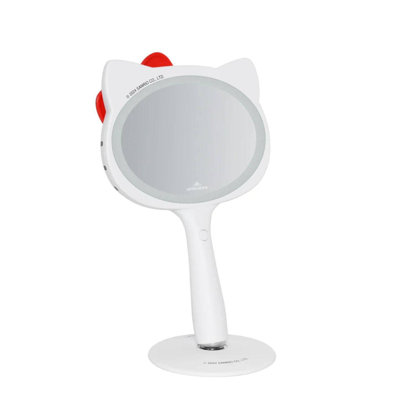 Impressions Vanity Hello Kitty LED Handheld Makeup Mirror with Magnetic Ball Standing Base, Velvety Soft Touch Finish, Ultra Bright Adjustable Brightness, Portable Lighted Mirrors for Travel and Home