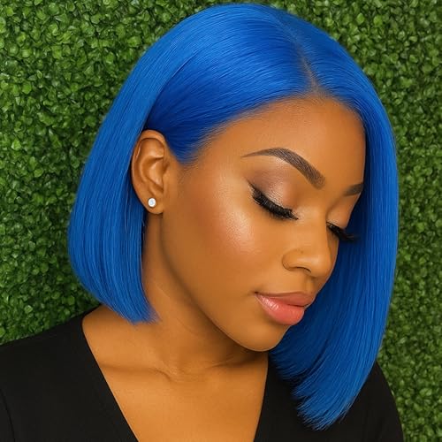 13x6 Blue Bob Lace Frontal Wig Human Hair Short Straight Transparent Front Wig Natural Density Pre Plucked Hairline Colored Bob Wigs for Women 14 Inch