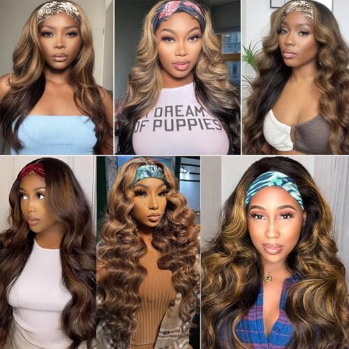 Body Wave Headband Wig Human Hair Highlight Ombre 22 Inch Glueless None Lace Front Wigs Brazilian Virgin Hair #4/27 Honey Blonde Headband Wigs for Black Women 150% Density