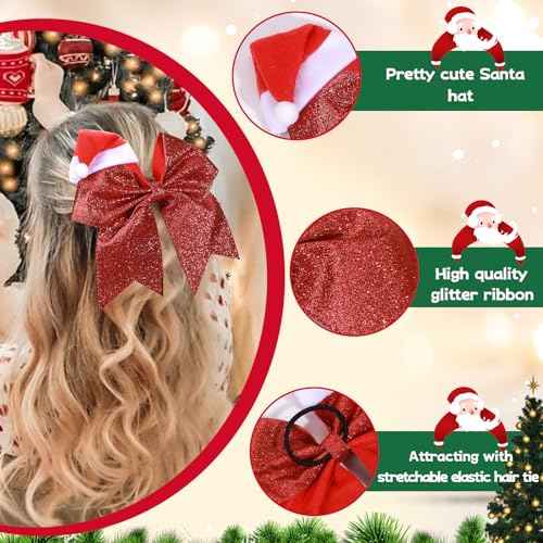4 PCS 7" Christmas Large Glitter Cheer Bows for Cheerleaders, CN Sparkly Hair Bows with Elastic Hair Ties Accessories with Christmas Santa Hat for Teens Girls Women Party (Christmas B)