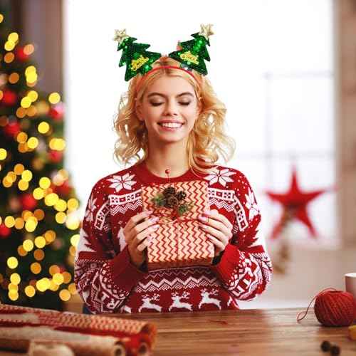 Christmas Tree Headband Sequins Hair Band Glitter Merry Christmas Hair Hoop Women Girls Green Hair Accessories Headdress for Cosplay Christmas Decoration Party Supplies Gift