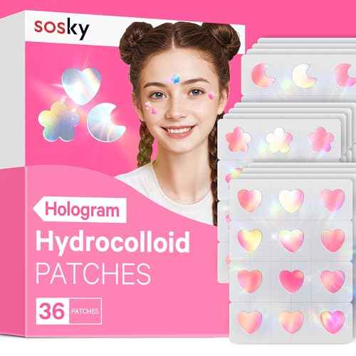 Sosky Hologram Pimple Patches for Face, Hydrocolloid Acne Patches with Salicylic Acid, Cute Star Zit Stickers,Colorful Blemish Covers,36 Count Pink Heart Moon Flower
