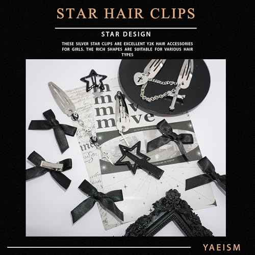 15PCS Sliver Hair Clips Black Small Hair Bows Dangle Cross Clips Metal 6 Shapes Pentagram Star Barrettes Gothic Snap Clips Punk 2000s Y2K Hair Accessories for Women