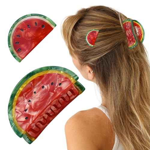 2 Pcs Watermelon Hair Claw Clips Acetate Hair Claw Fruit Small Hair Catch Jaw Clamp Strong Hold Hair Jaw Barrettes Clips Non-slip Retro Hair Accessories for Women Girls