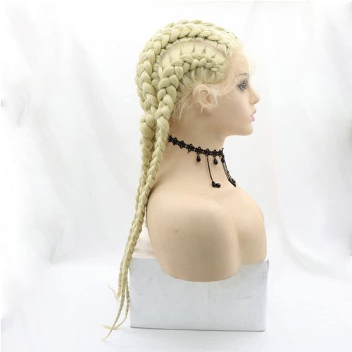 Kalisa 613 Blonde Braid Wig Fully Handmade Blonde 5 Braids Wig Synthetic Blonde Lace Wig with Baby Hair Heat Resistant Fiber 5 Braided Daily Makeup Wigs for Women 24 Inch