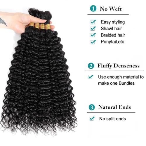 Human Braiding Hair 3 Bundle 150g Deep Wave Bulk Human Hair for Braiding No Weft 12A Brazilian Virgin Curly Human Hair Extensions for Boho Braids (Deep Wave-1B, 28/150g)