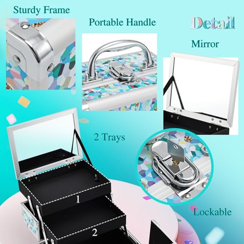 FRENESSA Makeup Case Train Case Portable Kids Makeup Box with Mirror Lock Box Travel Cosmetic Train Cases Hard Makeup Organizer for Girls Nail Craft Storage Vanity Mosaic Puzzle