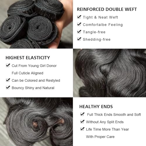 12A Human Hair Bundles 16 18 20 Inch Body Wave 100% Unprocessed Hair 3 Bundles Deals Extensions Quick Weave Human Hair Natural Black Color