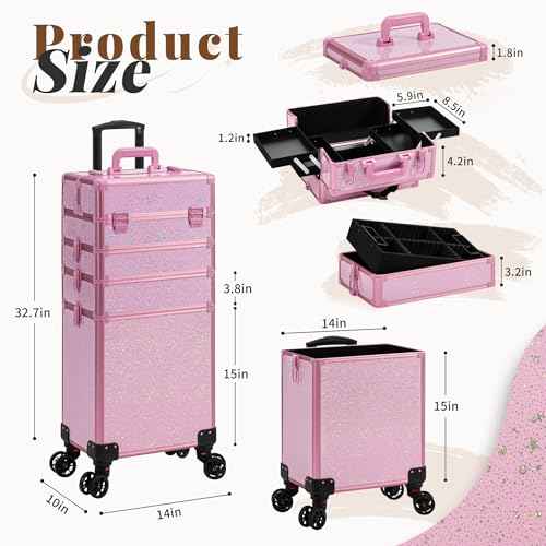 AROUS Rolling Makeup Train Case Large Storage Cosmetic Trolley 5 in 1 Large Capacity Trolley Makeup Travel Case with Key Swivel Wheels Salon Barber Case Traveling Cart Trunk, Pink