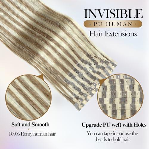 Invisible Hole Weft Human Hair Extensions Micro Link Hair Extensions 9A/P60 Highlight Blonde Glueless Skin Weft Human Hair Extensions Seamless No Tape In Hair Extension for Women (70g 8Pcs,18 Inch)