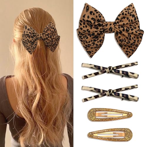Leopard Bow Hair Clips 3 Styles Barrettes Set Brown Leopard Print Hair Bows Glitter Gold Snap Hair Clips Bowknot Alligator Clips Golden Cheetah Hair Accessories for Women and Girls
