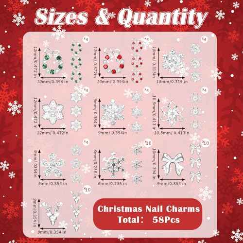 58 Pcs Christmas Nail Charms, Snowflake Bow Nail Charm, Wreath Elk Bow Silver Nail Charms, Xmas-Themed Alloy Silver Nails Art Charm for Christmas Nails DIY Design Craft