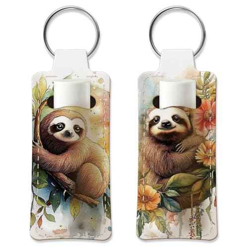 OLYCRAFT 2pcs Lipstick Holder Keychain Sloth Pattern Lip Balm Holders Elastic Diving Fabric Lipstick Keychains Portable Lipsticks Holder Bags Chapstick Sleeve Key Ring Holder for Lipsticks Chapstick
