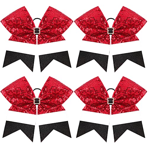 4pcs Christmas Large Cheer Hair Bows,7Inch Xmas Boutique Cheerleader Bows Accessories with Shiny Squares Hair Bows Elastic for Women Kids Toddlers Teens(Red, white and black)