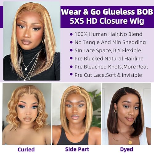 Highlight Bob Wig Human Hair 5x5 HD Lace Closure Wear and Go Pre Everything Glueless Wig Human Hair 200 Density Real Hair Wigs for Black Women Virgin Hair Straight Wigs 18 Inch Highlight 4/27#