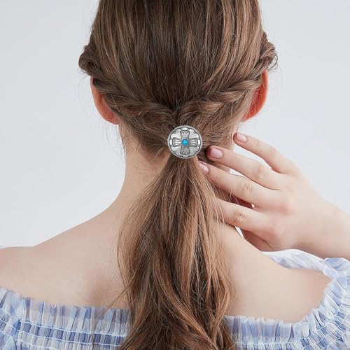 6 PCS Metal Western Style Ponytail Holders Boho Hair Ties Vintage Turquoise Hair Ropes Cross Circular Hair Ropes Heart Hair Ropes Style Ponytail Holders Silver Hair Bands for Women Girls