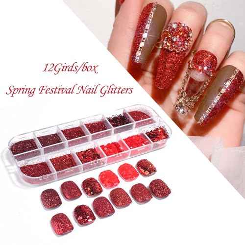 12Grid Red Nail Glitter Holographic Powder for Christmas, Winter & Festival Nail Designs - DIY Manicure Decoration