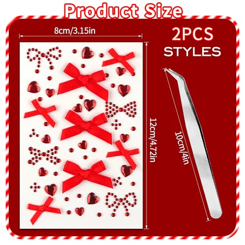 Heart Face Gem Rhinestone Stickers Red Pink Bow Ribbon Acrylic Jewels Stickers Self-Adhesive Hair Gems for Nail Eye Body Makeup, Decorative Stickers for Valentine's Day, Wedding, Craft