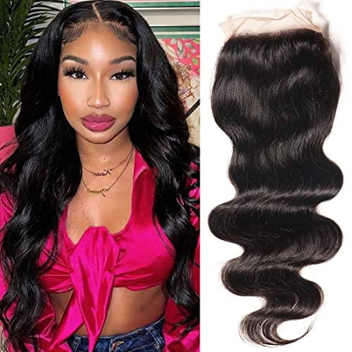 Nadula Hair 12A Body Wave 4x4 lace Closure Free Part, 100% Unprocessed Brazilian Human Virgin Hair Top Swiss Lace Closure with Baby Hair Natural Black Color 14 inch
