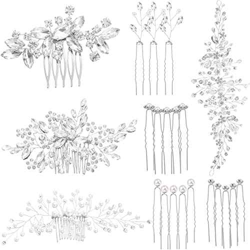 Maitys 44 Pieces Wedding Hair Accessories Faux Pearl Crystal Comb Clips U-shaped Flower Rhinestone Silver Pearl Hair Pieces for Prom Bride Bridesmaid(Elegant Style)