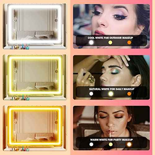 Lighted Makeup Mirror, 17.3"x13" Hollywood Vanity Mirror with Led Lights, Three Color Lighting Modes, and 5X Magnification Mirror, Smart Touch Control, 360¡ÆRotation (White, Gift Box)