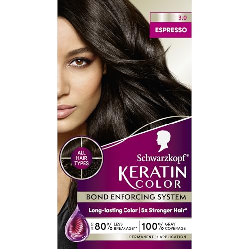 Schwarzkopf Keratin Permanent Hair Dye Cream, 3.0 Espresso, Professional Quality Color for Up to 100% Gray Coverage, Bond Enforcing System