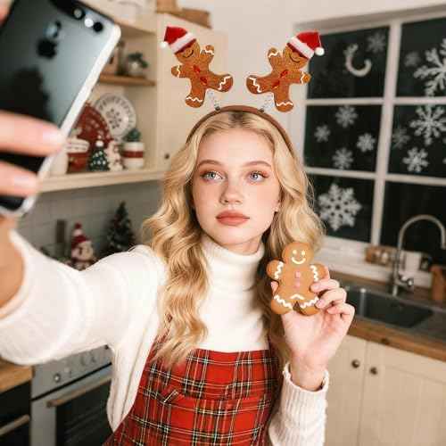 2 Pieces Gingerbread Headbands with Glitter Surface and 3D Santa Hat Cute Brown Gingerbread Hair Hoop Headpiece for Xmas Festival Party Holiday Themed Events