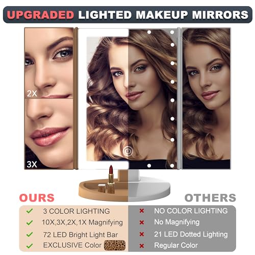 RoLeDo Trifold Lighted Makeup Mirror with 72 LED Lights, Magnification 1X/2X/3X/10X, Cheetah Leopard Print Vanity Mirror with Lights, 3 Color Lighting Modes, Dual Power, Gift Box Set
