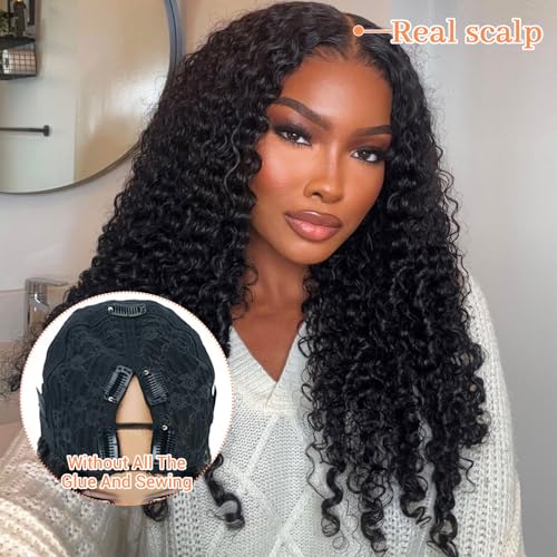 Burmese Curly Wig Human Hair V Part Wig 100% Real Human Hair Glueless With Drawstring Clip In Burmese Curly V part Wigs Upgrade U Part Wigs 220% Density 16 Inch Natural Black 1B Color