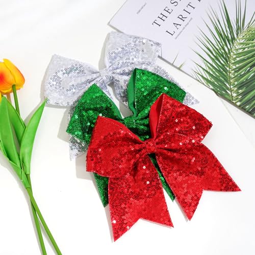 1 Pcs 8" Large Sequin Cheer Bows Clips, Cheerleading Glitter Hair Bow with Alligator Clips Hair Accessories for Cheerleaders Football Competition Sports (Green)
