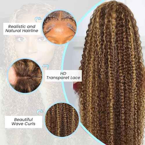 Harmsh Honey Blonde Highlight Ombre Lace Front Wig Human Hair 210 Density 13x6 HD Lace Front Wigs Human Hair Deep Wave Curly Lace Frontal Wigs Pre Plucked with Baby Hair 24Inch