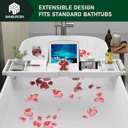 Foldable Bamboo Bathtub Caddy Tray Expandable for Luxury Bath, Bath Accessories & Table with Wine Glass Holder, Book Stand Bathroom Organizer with Extending Sides for Men/Women,White