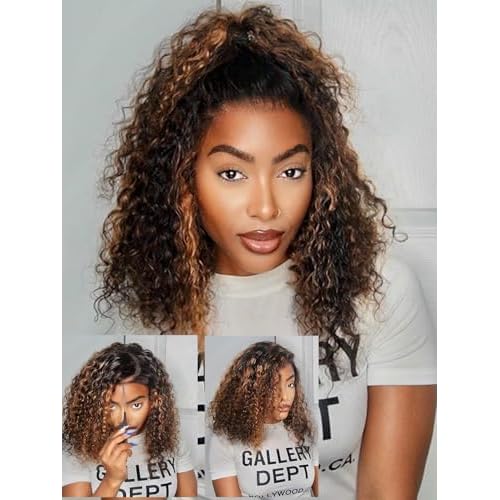 ISEE Hair Highlight Glueless Bob Wigs Human Hair Pre Plucked Pre Cut 2/30 Honey Blonde Curly Human Hair Wig for Black Women Ombre Water Wave 5x7 HD Lace Closure Wigs with Elastic Band 10 Inch