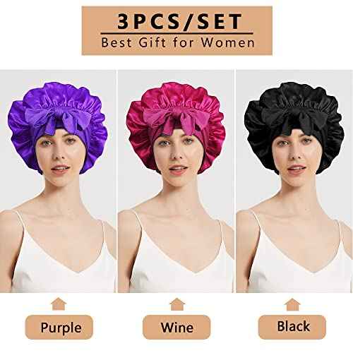 3pcs Satin Bonnets for Black Women, Large Silky Bonnet with Tie Band, Jumbo Braids Bonnet, A