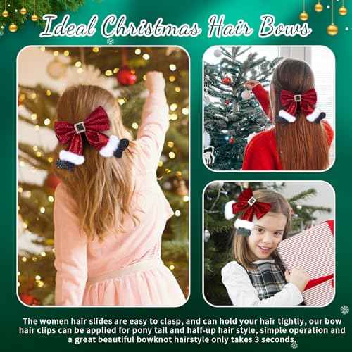 2Pcs Sparkly Sequin Big Hair Bow Clip, Red Hair Bow Hairpin, Glitter Christmas Bows Barrettes - Christmas Hair Accessories for Girls & Women Xmas Party Gifts