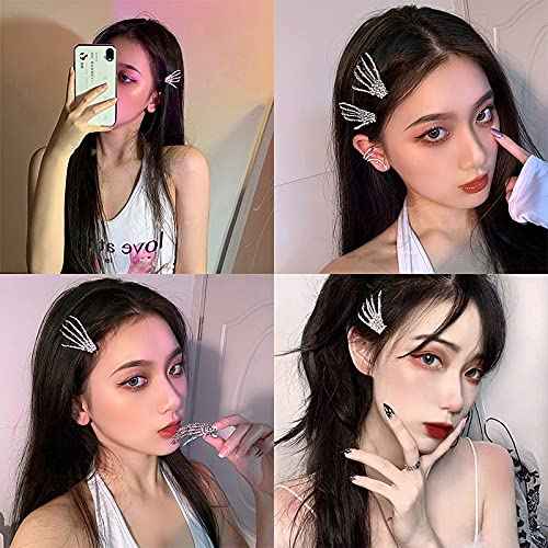 Hair Barrettes Halloween Hair Accessories for Women Girls Silver Skeleton Hand Hair Clips Punk Horror Bone Hair Clip Barrettes for Party Cosplay 2pcs
