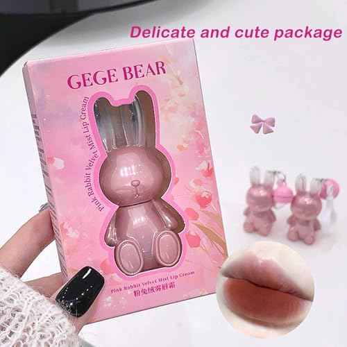 3 Colors Red Pink Brown Cute Bunny Lip Gloss Set,2 IN 1 Liquid Velvet Matte Keychain Lipstick Long Lasting Waterproof Lipstick for Women Girls