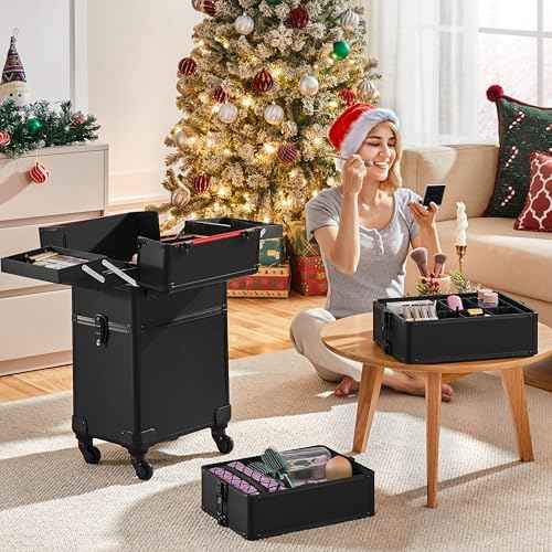 Yaheetech 4 in 1 Professional Makeup Train Case Aluminum Cosmetic Case Rolling Makeup Case Extra Large Trolley Makeup Travel Organizer, with 360¡Æ Swivel Wheels, Black