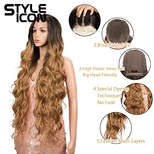Style Icon Easy-360 Lace Wigs 36" Big Curl Free Part Lace Frontal Wigs Super Long Multi-Layered Synthetic Wig (36 Inches, TT6/26Q)