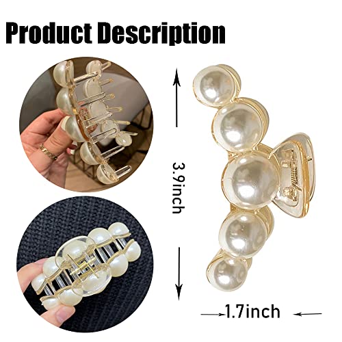 Large Pearl Hair Claw Clips for Strong Hold - Nonslip Champagne Color Hair Jaw Clips for Thick/Thin Hair, Daily Fashion, Birthdays, Weddings - Women's Hair Clip Accessories