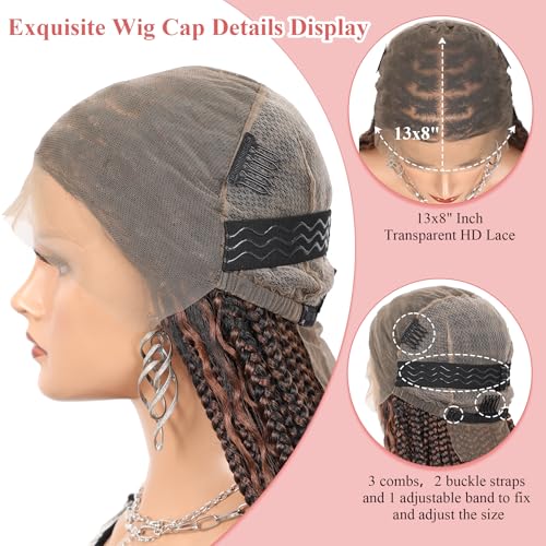 13x8 Inch HD Lace Short Boho Braided Wig Knotless Braided Wigs for Women with Curly End Synthetic Hair Box Braid Wig with Baby Hair Brown 18 Inch