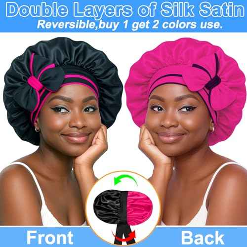 Reversible Silk Bonnet for Sleeping Women - Double Layer & Color Satin Bonnet, Adjustable Hair Cap for Curly & Textured Hair (Rose Red & Black)