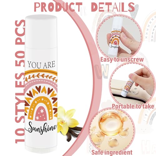 50 PCS Bohemian Rainbow Lip Balm Bulk Inspirational Words Appreciation Gift for Women Thank You Gifts Moisturizer Lips for Teacher Baby Shower Coworkers Friend Wedding Bridal Shower Thanksgiving