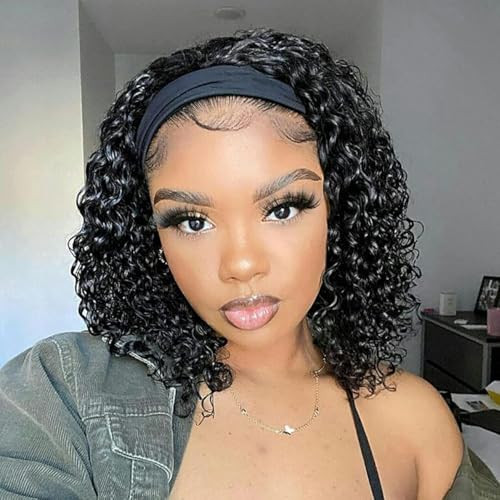 Half Wig 200 Density Kinky Curly Half Wig Human Hair Glueless Wear Go Curly Wig Beginner Friendly Seamless Flip Over Wig with Drawstring 3 In 1 Headband Wig for Women 16 Inch