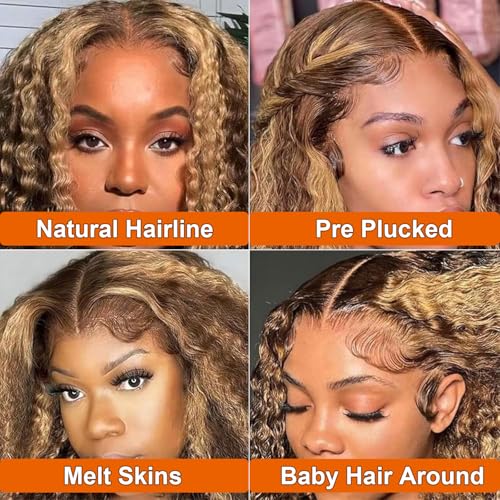 13x4 Honey Blonde Wig Human Hair #4/27 Highlight Ombre Lace Front Wig Human Hair 12 Inch Kinky Curly Bob Colored Wigs for Black Women 180% Density