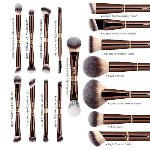 MAANGE Makeup Brushes 16Pcs Professional Foundation Powder Blush Contour Eyeshadows Double-End Makeup Brushes Set with Bag and Gift Box-CoffeeBrown