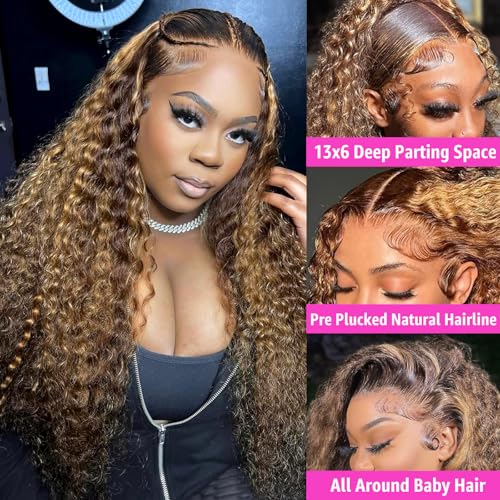 Water Wave Lace Front Wigs Human Hair 13x6 Ombre Honey Blonde Frontal Wig 200 Density P4/27 Highlight Colored Curly Wet and Wavy Lace Front Wigs Glueless Pre Plucked with Baby Hair (22 Inch)