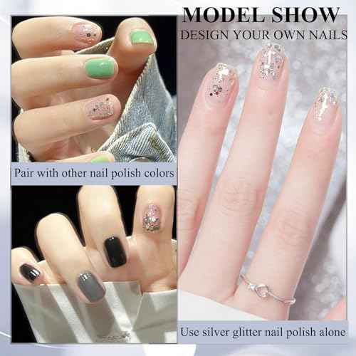 NovaCharm Glitter Nail Polish - Silver Nail Varnish Glitter - Diamond Flash Clear Nail Gel - Quick Dry Nail Polish Air Dry - Long Lasting Fingernail Polish Sparkle For Women Manicure DIY